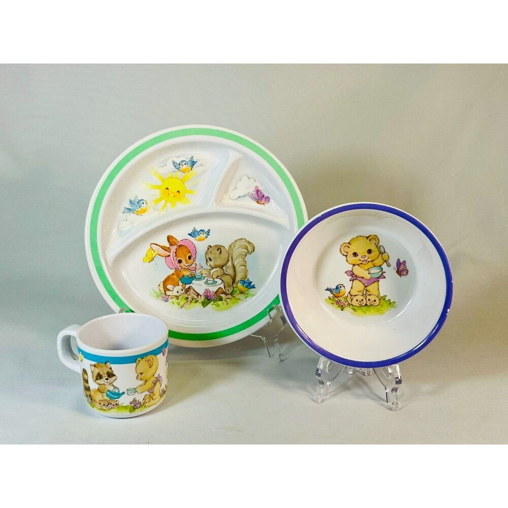 Vintage Baby Toddler Feeding Set Tenderfeet Enesco 1980s Rabbit Raccoon